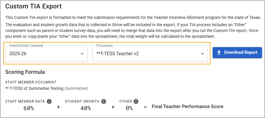 Custom TIA export details including instructional calendar and scoring formula for teachers.